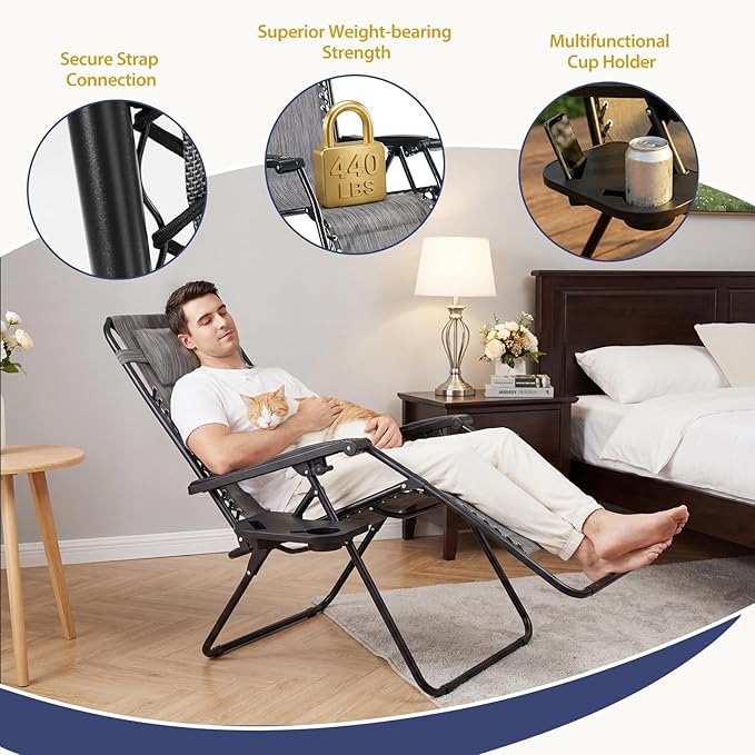 Sweetcrispy Zero Gravity Chairs, Set of 4 Portable Recliner Beach Camping Patio Outdoor Folding Lounge Chair with Cup Holder Trays and Adjustable Pillow for Poolside, Garden, Backyard, Lawn (Grey)