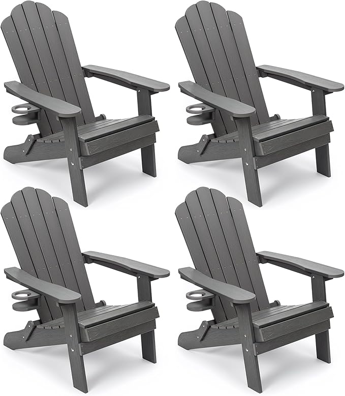 JEKO&JEKO Folding Adirondack Chairs Set of 4, All-Weather Outdoor Chair with Cup Holder, Plastic Adirondack Chair for Patio, Garden, Lawn, Porch, Deck, Backyard – Gray