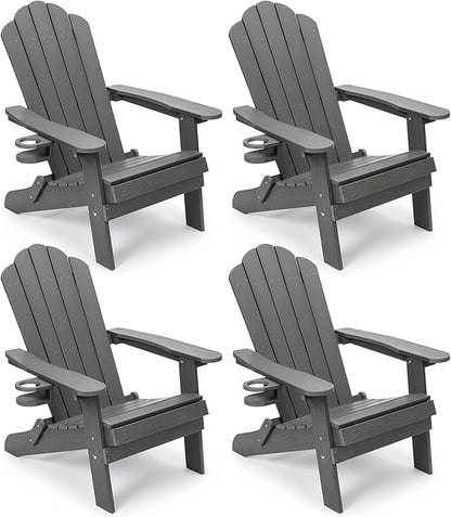 JEKO&JEKO Folding Adirondack Chairs Set of 4, All-Weather Outdoor Chair with Cup Holder, Plastic Adirondack Chair for Patio, Garden, Lawn, Porch, Deck, Backyard – Gray