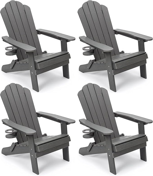 JEKO&JEKO Folding Adirondack Chairs Set of 4, All-Weather Outdoor Chair with Cup Holder, Plastic Adirondack Chair for Patio, Garden, Lawn, Porch, Deck, Backyard – Gray