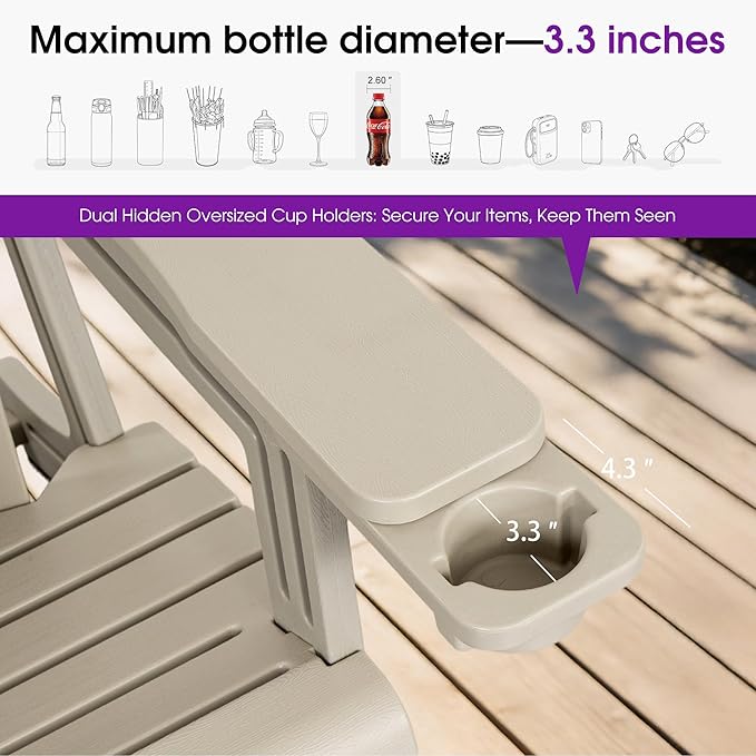 PURPLE LEAF Adirondack Chair Set of 4 HDPE All-Weather Outdoor Fire Pit Chair with 24.6" Oversized Seat Wood-Textured Patio Adirondack Chair with Dual Cup Holders for Garden Deck Backyard, Champagne