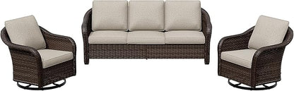 3 Pieces Patio Conversation Set, 78" Wicker 2-Seat Couch with Washable Cushions, Wicker 360 Degree Swivel Glider Rocker Chairs, Sofa for Garden, Lawn (Beige)
