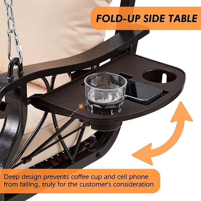 3-Person Wicker Porch Swing Chair Heavy Duty 900 LBS Outdoor Rattan Patio Swing Chair w/Cup-Holder & Steel Chains - Photo 3