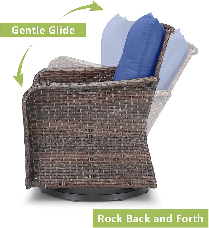 Rilyson Outdoor Patio Swivel Rocker Chairs - 4 PC Wicker Rattan Patio Rocking Glider Chair Set with High Back,Comfy Cushions and Deep Seating for Porch Deck Backyard Garden(Brown/Blue)