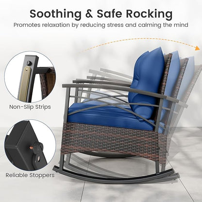 ORALNER 3-Piece Wicker Rocking Chair Set, Outdoor Cushioned Rocker and Acacia Wood Side Table, 400lbs Capacity, PE Rattan Patio Conversation Bistro Set for Porch, Garden, Deck, Poolside, Yard (Navy)