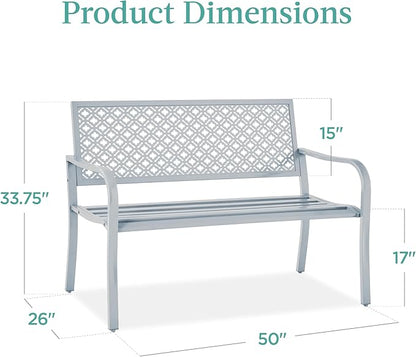 Best Choice Products Outdoor Bench 2-Person Metal Steel Benches Furniture for Garden, Patio, Porch, Entryway w/Geometric Backrest, 790lb Capacity - Light Gray