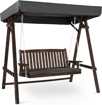 VINGLI Porch Swing with Stand, Wooden Swing & Stand with Canopy, Hanging Swing Chair with Stand for Garden, Patio and Yard (Rustic)