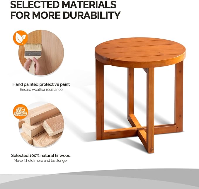 VINGLI Solid Wood Outdoor Side Table, Weather-Resistant Round Patio End Accent Table for Garden, Balcony, Porch, Natural - Photo 4