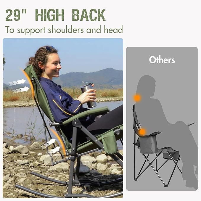 PORTAL Oversized Folding Rocking Camping Chair Portable Outdoor Rocker with High Back Hard Armrests Carry Bag, Supports 400 lbs