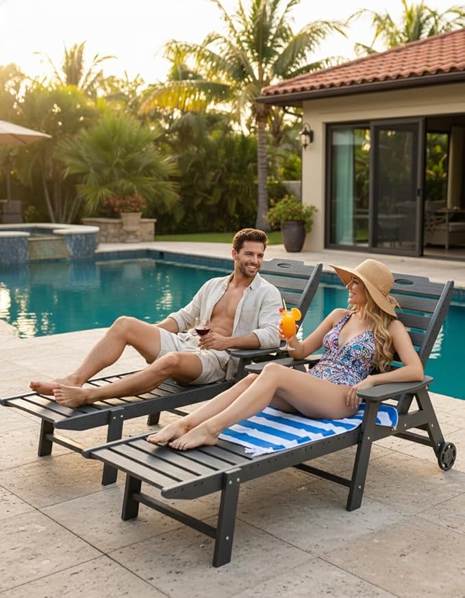 Carauci Lounge Chair Outdoor Set of 2, HDPE Chaise Lounge with Wheels - Photo 8