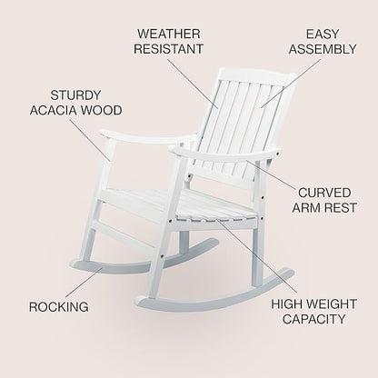JONATHAN Y RCK102C Penny Classic Slat-Back 300-Lbs Support Acacia Wood Patio Outdoor Rocking Chair for Garden, Lawn, Backyard, Pool, Deck, Beach, Firepit, White