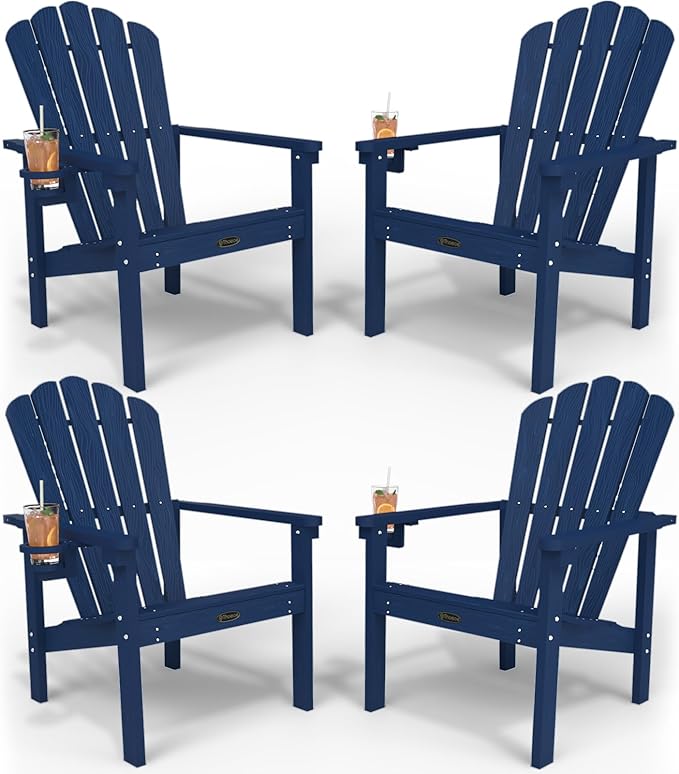 Stackable Adirondack Chair Set of 4, HDPE All-Weather Adirondack Chairs - Durable and Space Saving, Plastic Outdoor Fire Pit Chairs with Cup Holder,Navy Blue