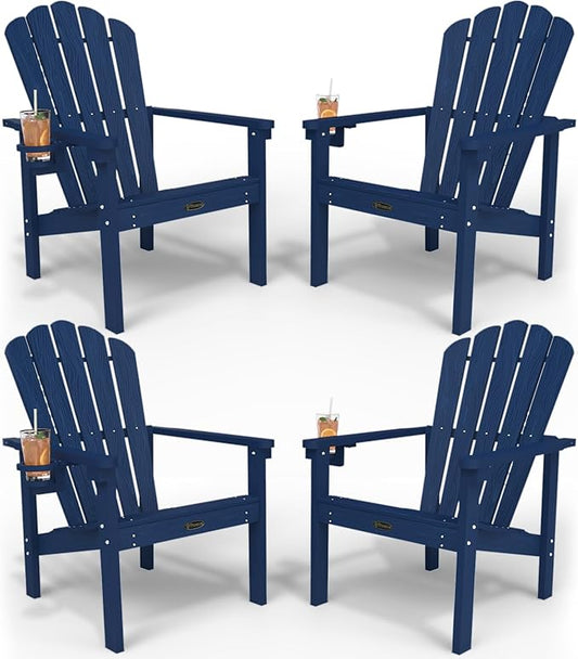 Stackable Adirondack Chair Set of 4, HDPE All-Weather Adirondack Chairs - Durable and Space Saving, Plastic Outdoor Fire Pit Chairs with Cup Holder,Navy Blue