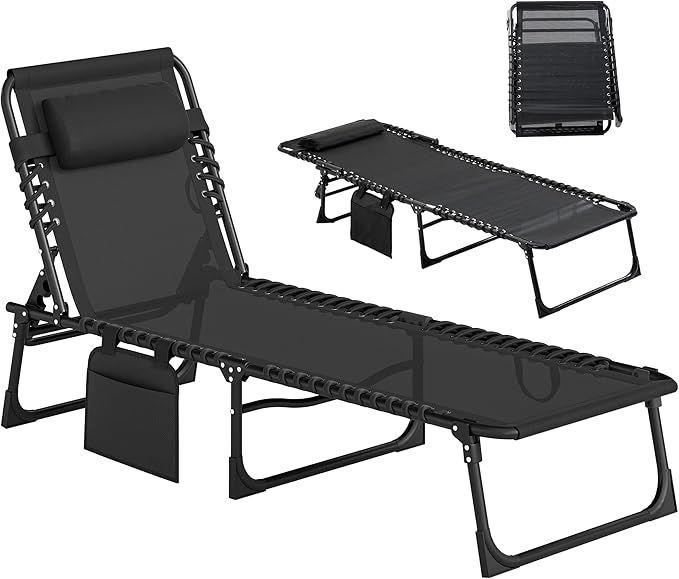 Outsunny Folding Chaise Lounge Chair, Patio Sun Tanning Chair, Outdoor Chaise Lounger with 5-Position Reclining Back, Breathable Mesh Seat for Beach, Poolside, Yard, Black
