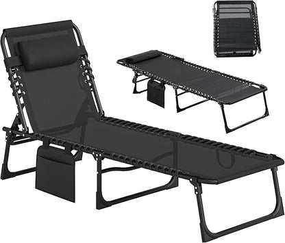 Outsunny Folding Chaise Lounge Chair, Patio Sun Tanning Chair, Outdoor Chaise Lounger with 5-Position Reclining Back, Breathable Mesh Seat for Beach, Poolside, Yard, Black