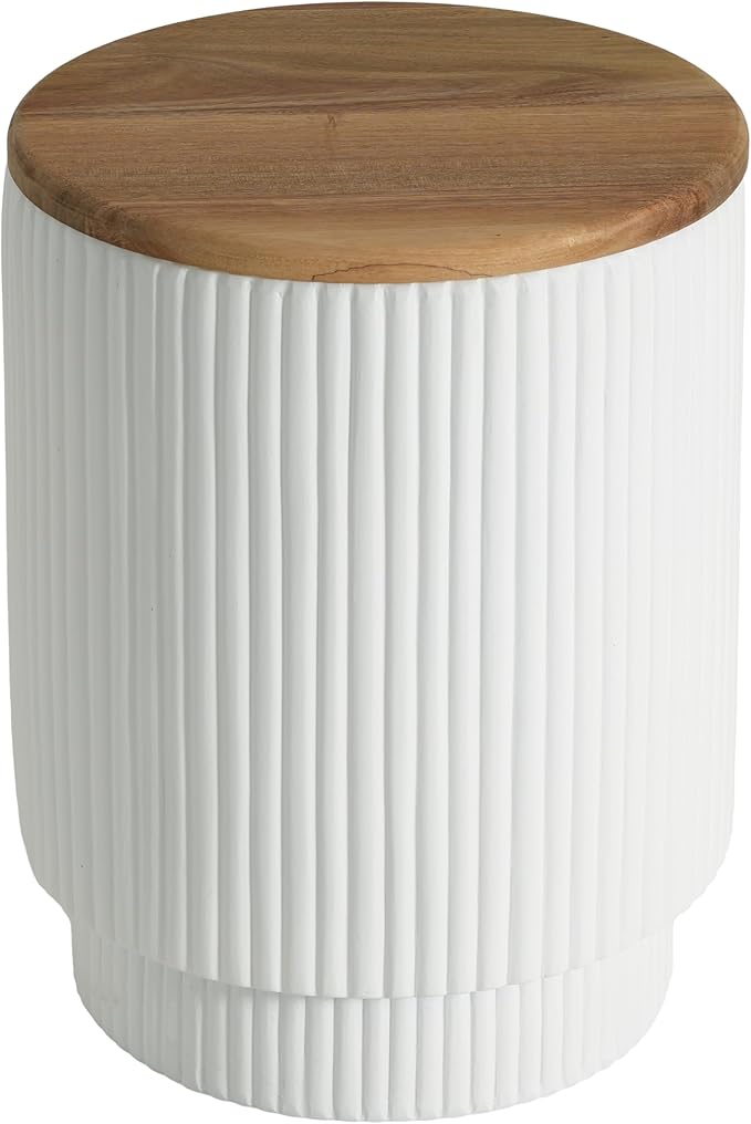 Christopher Knight Home Utara Patio Lightweight Concrete Round Coffee Table with Storage, Indoor and Outdoor End Table, MGO Outdoor Side Table with Acacia Wood Top, No Assembly, White + Brown