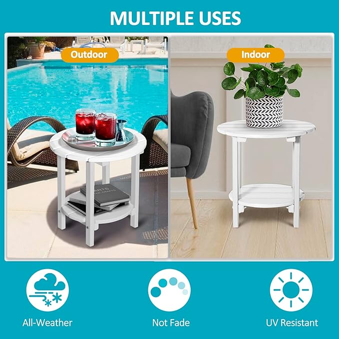 2 Tier Round Outdoor Side Table with Wood-Like Grain, 17.7" HDPE Adirondack Table Patio Side Table, Weather Resistant End Table for Pool, Patio & Porch, Small Outdoor Table (White, Round)