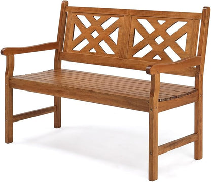 VINGLI 50" Outdoor Wood Bench, Weatehr Resistant Wooden Garden Patio Bench with Comfortable Backrest & Curved Armrest, 800lb Capacity Loveseat for Front Porch Park Yard Deck (Natural, Geometric)