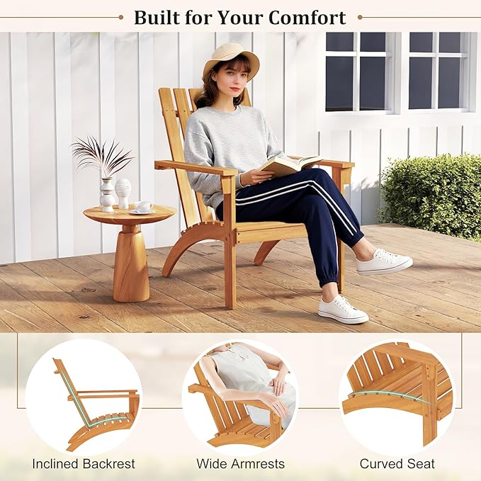 Tangkula Outdoor Adirondack Chair, Solid Acacia Wood Fire Pit Chair with Inclined Backrest, Curved Seat & Wide Armrests - Photo 7