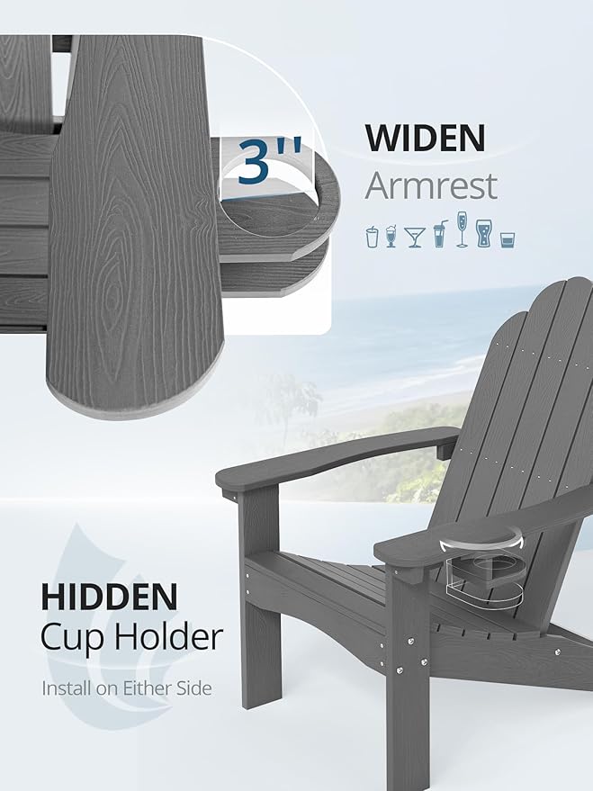 LUE BONA Matte HDPE Adirondack Chairs Set of 4 - Weather Resistant Seating with Cup Holder for Patio, Fire Pit - Photo 3