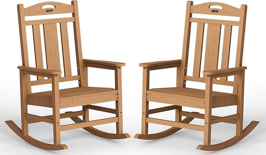 Ciokea Oversized Outdoor Rocking Chairs Set of 2, 380lbs Heavy-Duty Large Patio Rocker, High Back Cozy Porch Chairs, Weather Resistant Patio Rocking Chairs for Outside, Fire Pit, Deck, Teak