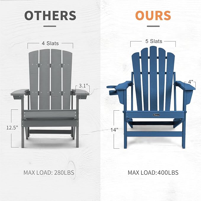 FUNBERRY Folding Adirondack Chairs Set of 2, All Weather HDPE Wood Texture Fire Pit Chairs with Cup Holder for Outdoor