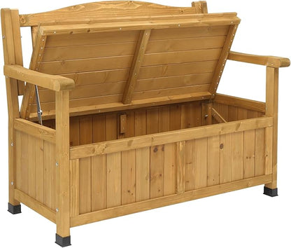 44" Large Wood Deck Box,Outdoor Garden Storage Container,Wooden Outdoor Patio Storage Bench,Patio Furniture Storage Bench,with Backrest & Armrest,for Porch Yard Lawn Poolside Backyard (Yellow)
