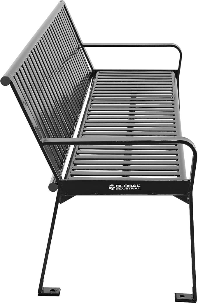 Global Industrial 6 ft. Outdoor Heavy-Duty Portable Park Bench with Back, Vertical Steel Slat, Corrosion-Resistant Black Powder Coat Finish, Unassembled