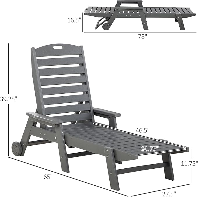 Outsunny Outdoor Chaise Lounge Chair, Waterproof Pool Furniture with Reclining Adjustable Backrest & Wheels for Beach, Tanning, Poolside, Patio, Light Gray