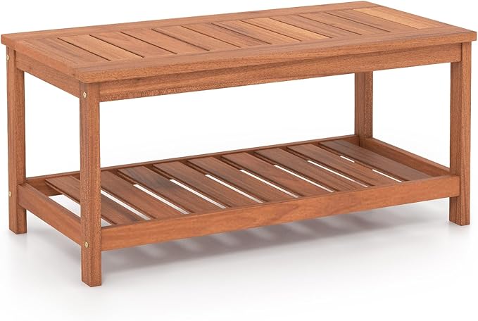 Giantex Hardwood Patio Coffee Table - 2-Tier Wooden Coffee Table with Slatted Tabletop & Storage Shelf, Outdoor Rectangular Center Table for Backyard, Garden, Poolside, Balcony & Indoor, Walnut