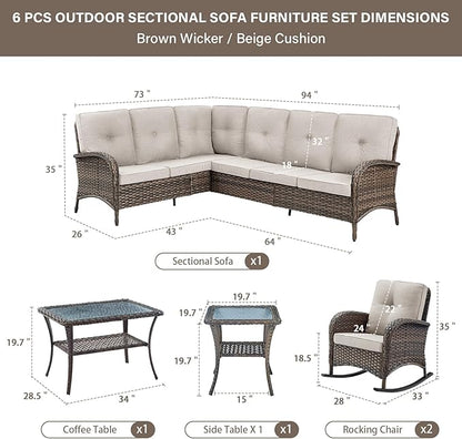 Belord Outdoor Furniture Set - 6 Pieces Patio Conversation Sectional Sofa Set with Patio Rocking Chairs Set of 2 and Wicker Coffee Table for Deck Backyard Sunroom Brown