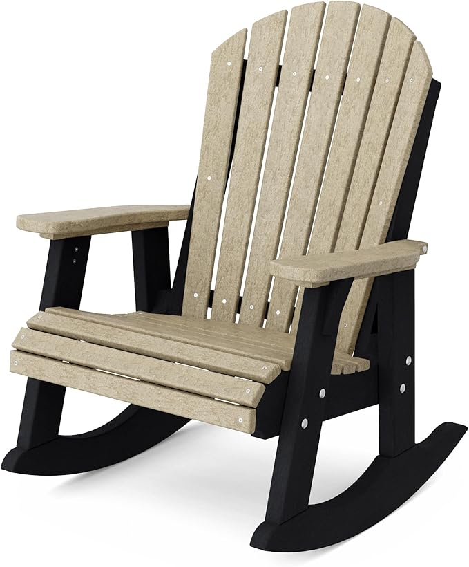Wildridge Heritage Adirondack Rocking Chair, Weathered Wood and Black - Outdoor Weather Resistant HDPE Rocking Chair for Patio, Deck, Fire Pit