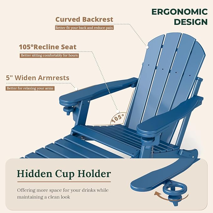 BRIOPAWS Adirondack-Chairs-with-Pull-Out-Footrest | Set of 6 | Folding | HDPE Plastic | Fire Pit Chair | All Weather | Cup Holders | Curved Back | Retractable Ottoman | for Poolside Deck | Blue