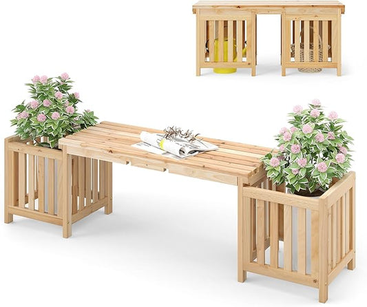 HAPPYGRILL Patio Wooden Bench with Planter, 2 Person Patio Bench with/ 2 Side Flower Box, Slot Design for Easy Assembly, Natural Fir Wood Frame, Outdoor Garden Bench Seat for Patio, Garden, Backyard