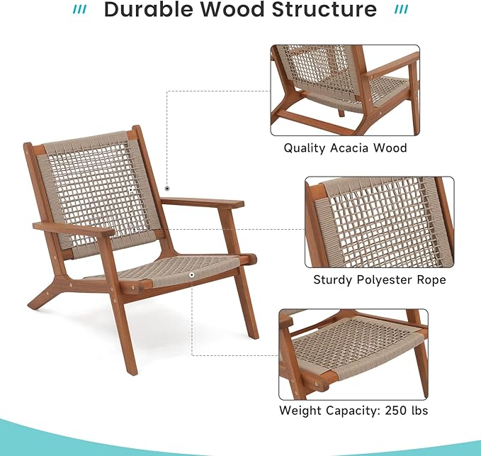 Verano Garden Set of 2 Patio Lounge Chair, Modern Acacia Wood Accent Armchair with Handwoven Rope for Patio, Living Room - Photo 4