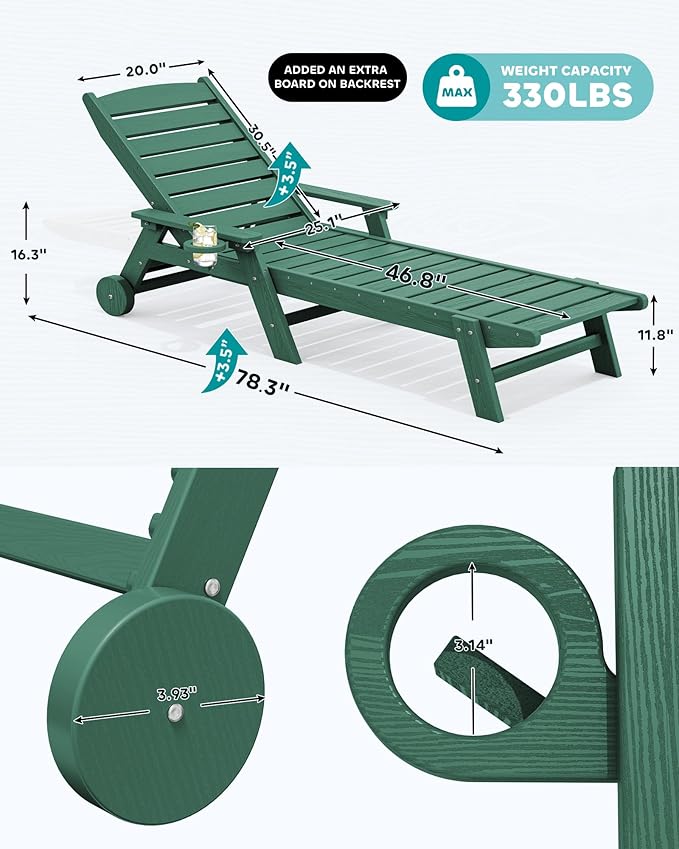 SERWALL Patio Chaise Lounge Chair Set of 2, 78'' Long 5-Positions Adjustable HDPE Outdoor Lounger for Pool - Photo 2