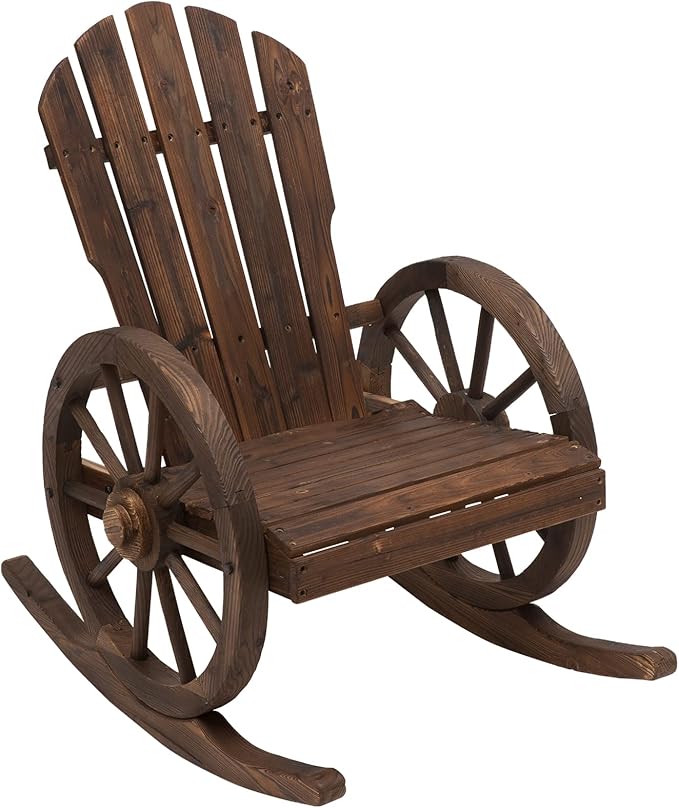 AMNOOL Outdoor Wooden Rocking Chair with Slatted Design and Extra Large Backrest Outdoor Rocking Chair with Wagon Wheel Armrest for Porch, Patio, Poolside, Balcony, Relaxing Gift for Parents, Brown