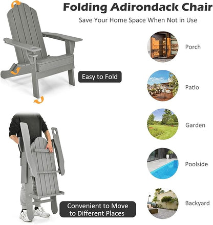 Tangkula Outdoor Folding Adirondack Chair, HDPE Armchairs with Cup Holder, Weather Resistant Lounger Chair for Patio Garden Fire Pit Backyard, Lawn Porch Seating, Adirondack Lounger (2, Grey)