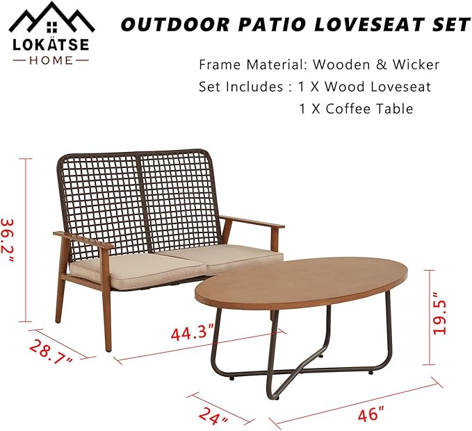 LOKATSE Home Outdoor 2 Pcs Patio Loveseat Wood with Coffee Table Bistro Cushioned Outside Bench Wicker for Garden Poolside Balcony, Khaki