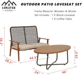 LOKATSE HOME Outdoor 2 Pcs Patio Loveseat Wood with Coffee Table Bistro Cushioned Outside Bench Wicker for Garden - Photo 2