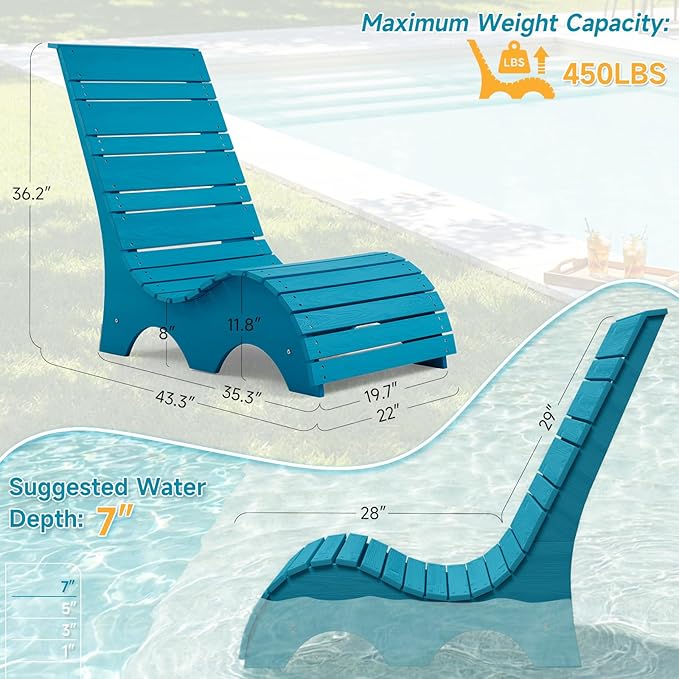 Pool Lounge Chairs Set of 2 for Baja Shelf, Ergonomic S-Contour Pool Lounger for Ultimate Comfort, HDPS Non-Absorbent Material Pool Chairs with Unique M-Shape Base Anti-Float for Patio, Blue