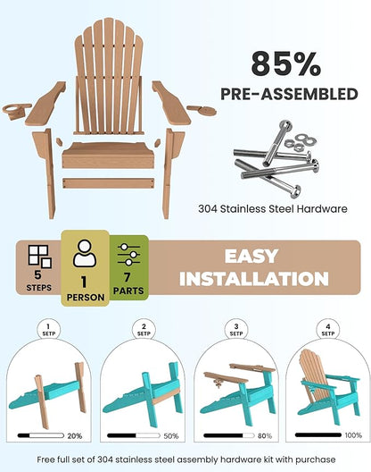 Oversized Adirondack Chair with Dual Cup Holders, Ergonomic High Back HDPE Fire Pit Chair, 380lbs Capacity All-Weather Outdoor Patio Lounge Chair for Garden, Deck, Yard - Cedar