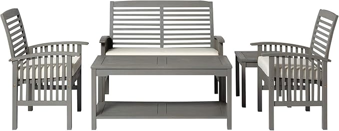 Walker Edison AZGWLSCH5GW Portofino 5 Piece Slat Back Patio Chat Set with UV Resistant Cushions, Grey Wash - Photo 6