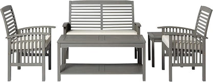 Walker Edison AZGWLSCH5GW Portofino 5 Piece Slat Back Patio Chat Set with UV Resistant Cushions, Grey Wash