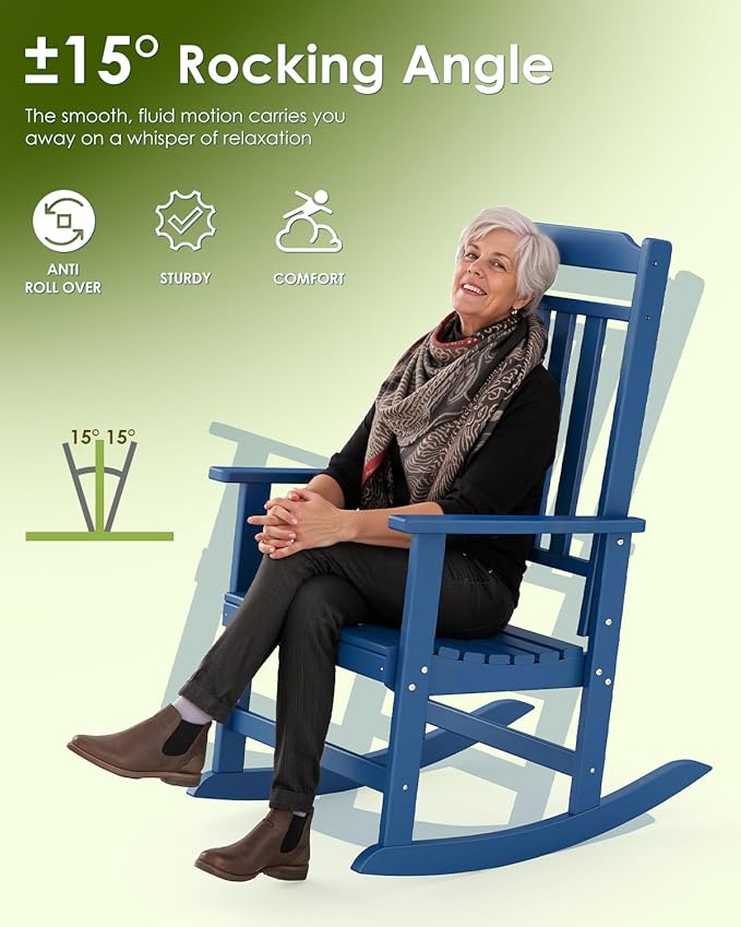 GREENVINES Outdoor-Rocking-Chairs-Set-of-4 | HDPE Plastic | Patio Rockers | Porch Rocker Chair | Oversized | High Back | Big & Tall | Blue