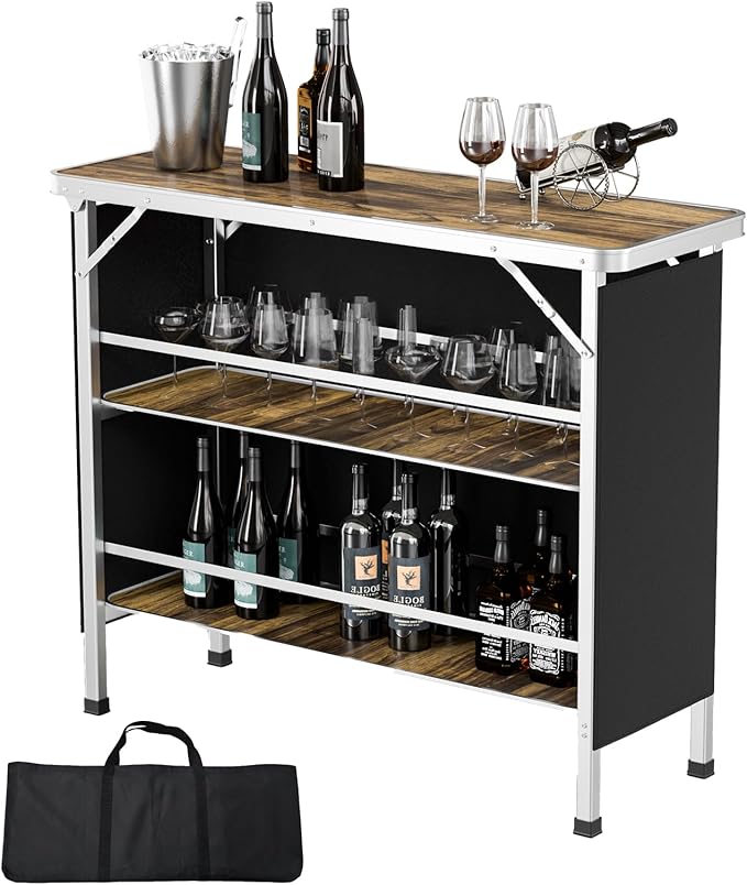 VINGLI 43" Portable Bar Table, 3-Tier Shelves, Carry Bag，Mobile Bar Table for Events, Party, Camping, Picnic, Tradeshow - Photo 1