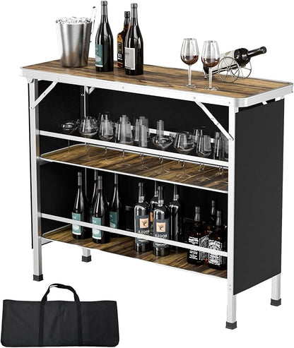 VINGLI 43" Portable Bar Table, 3-Tier Shelves, Carry Bag，Mobile Bar Table for Events, Party, Camping, Picnic, Tradeshow, Outdoor & Indoor with Black Skirt(2, 43") (2) (Natural, 43")