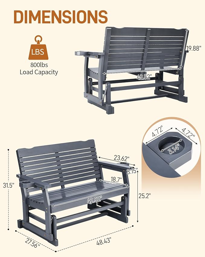 Outvita Patio Glider with Cup Holders, Wooden Outdoor Glider Bench with High Roll Back & Deep Contoured Seat, Smooth Porch Glider Loveseat Heavy Duty 800 Lbs, Gray