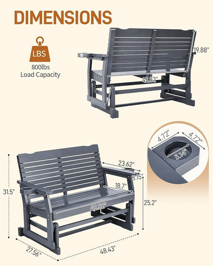 Outvita Patio Glider with Cup Holders, Wooden Outdoor Glider Bench with High Roll Back & Deep Contoured Seat, Smooth Porch Glider Loveseat Heavy Duty 800 Lbs, Gray