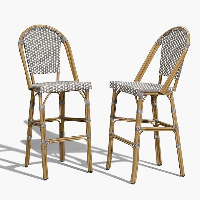 PURPLE LEAF French Bar Stool Set of 2 Bamboo Print Finish Patio Bar Stools with Back Rattan Chairs Wicker Bar Height - Photo 1